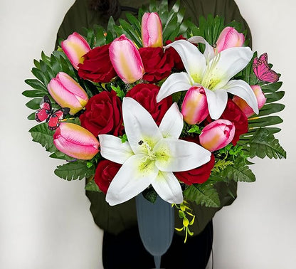 SUHOOKOO Artificial Cemetery Flowers for Outdoor Grave Decorations - Non-Bleed Colors, and Easy Fit - Pink Tulip，White Lily and Red Rose Bouquet