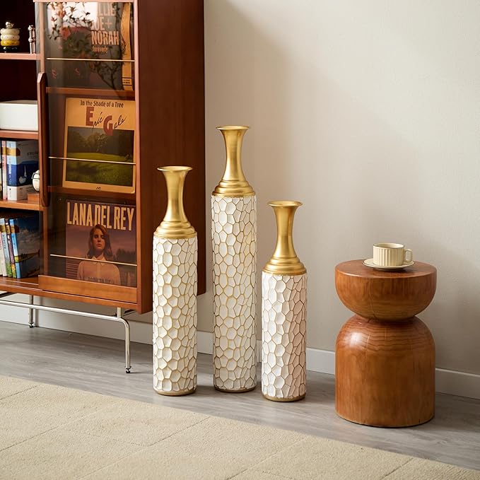 Floor Vases, Tall Home Decor Metal Vase Set of 3 Large Glazed Decorative Vases for Wedding Decor, Elegant Modern Flower Holder for Living Room, Entryway, Hallway, Dining Room