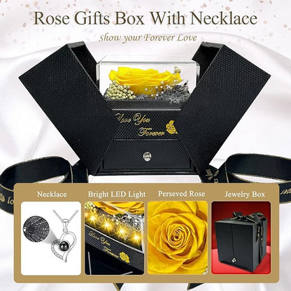 Preserved Real Rose-Eternal Flowers Rose Mothers Day for Mom Women Her Wife Girlfriend on Birthday Valentines with I Love You Necklace 100 Languages Romantic Gift (Yellow)