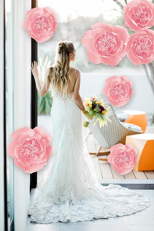 Crepe Paper Flowers Decoration for Wall, Flowers for Wedding Decor,Flower Backdrop Decor,Baby Shower,Birthday Party,Photo Backdrop,Archway Decor, Nursery Wall Decor (White+Pink ;Set/6)
