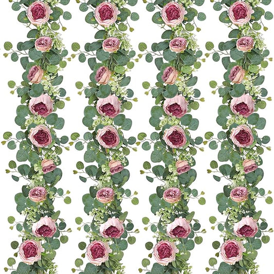 SOMYTING Artificial Flowers Garland 6FT Eucalyptus Flower Garlands Vintage Peony Rose Vine Faux Floral Garland for Wedding Party Arch Table Wall Backdrop Decoration (Vintage Pink, 4PCS)
