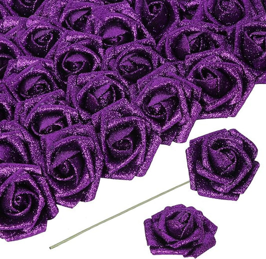 Purple Glitter Roses Artificial Flowers 30 PCS Artificial Flowers 2.17 in Glitter Flowers Foam Roses with Stem Faux Flowers for DIY Wedding Bridal Bouquet Party Centerpieces Decor(Purple)