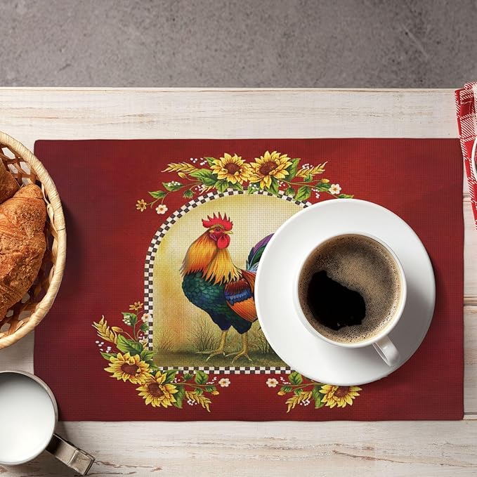 Rooster Sunflower Placemats Set of 6, Farmhouse Country Farm Chicken Animal Red Double-Sided Table Mats for Kitchen Dining Room Home Party Indoor Decor 6 PCS 12x18 Inch