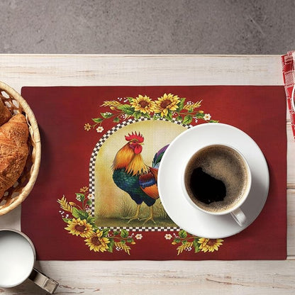 Rooster Sunflower Placemats Set of 6, Farmhouse Country Farm Chicken Animal Red Double-Sided Table Mats for Kitchen Dining Room Home Party Indoor Decor 6 PCS 12x18 Inch