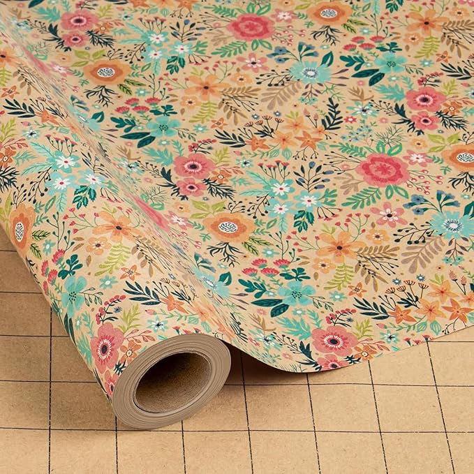 MAYPLUSS Colorful Floral Kraft Wrapping Paper Roll - 17Inch x 16.5Feet - Garden Boho Flower Gift Wrap Paper Spring Summer Blooms Sheet for Wedding, Bridal Shower, Birthday and Engagement