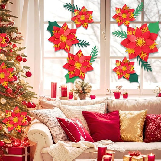 17PCS Christmas Paper Flower Wall Decoration Red Gold Poinsettia Large Flowers Artificial Christmas Flower Window Stickers Flower Window Wall Art Decals for Xmas Party, Living Room Door Xmas Tree