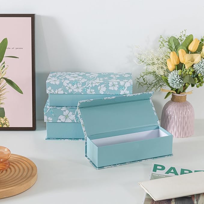 Soul & Lane Decorative Storage Boxes with Lids, Set of 3 Cardboard Boxes for Home Décor and Documents, Memory Organizers for Keepsakes with Magnetic Closure, Photo Storage, Blue Botanical