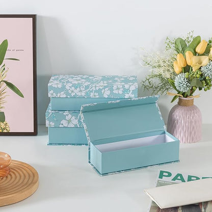 Soul & Lane Decorative Storage Boxes with Lids, Set of 3 Cardboard Boxes for Home Décor and Documents, Memory Organizers for Keepsakes with Magnetic Closure, Photo Storage, Blue Botanical