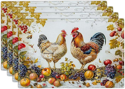 Rooster Placemats Set of 4 Farmhouse Fruits Chicken Placemats Farm Cock Chicken Country Hen Washable Place Mats for Party Kitchen Dining Decoration 4 PCS