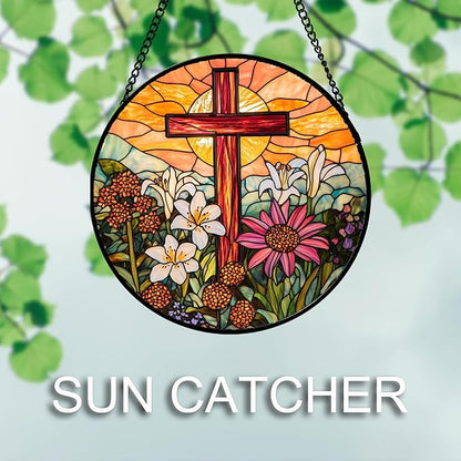 Christian Gifts for Women - Cross Stained Glass Window Hanging Easter Flower Sunset Landscape Sun Catcher Garden Religion Decor Mother's Day Catholic Gift for Men Grandma Mom Her Nana 6.3"