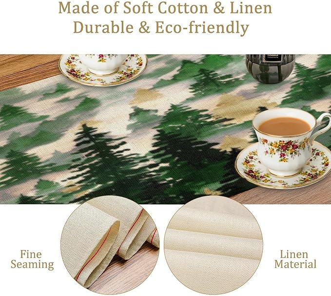 Watercolor Green Pine Trees Table Runner, Forest Woodland Tabletop Scarf Home Kitchen Holiday Decor, Seasonal Farmhouse Rustic Dining Decorations Party Supply 13 X 60 Inch