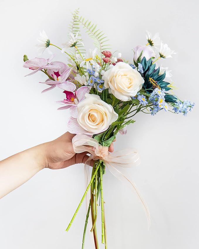 DuHouse 10pcs Fake Roses Artificial Silk Flowers Faux Rose Flower Long Stems Bouquet for Arrangement Wedding Centerpiece Party Home Kitchen Decor (Light Champagne)