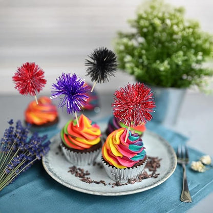 Gyufise 30Pcs Foil Firework Cupcake Toppers Sparkle Tinsel Cake Toppers Tinsel Drink Cake Decoration Cocktail Picks for Halloween Birthday Wedding Graduation Party Supplies Purple Black Red