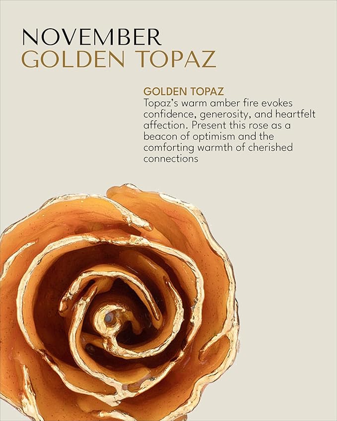 Forever Rose Hand-Dipped in 24K Gold, Golden Topaz-Inspired November Birthstone with Sparkles, Real Rose in Leather Case with LED Light, Perfect Ready to Gift for November Birthday or Any Occasion