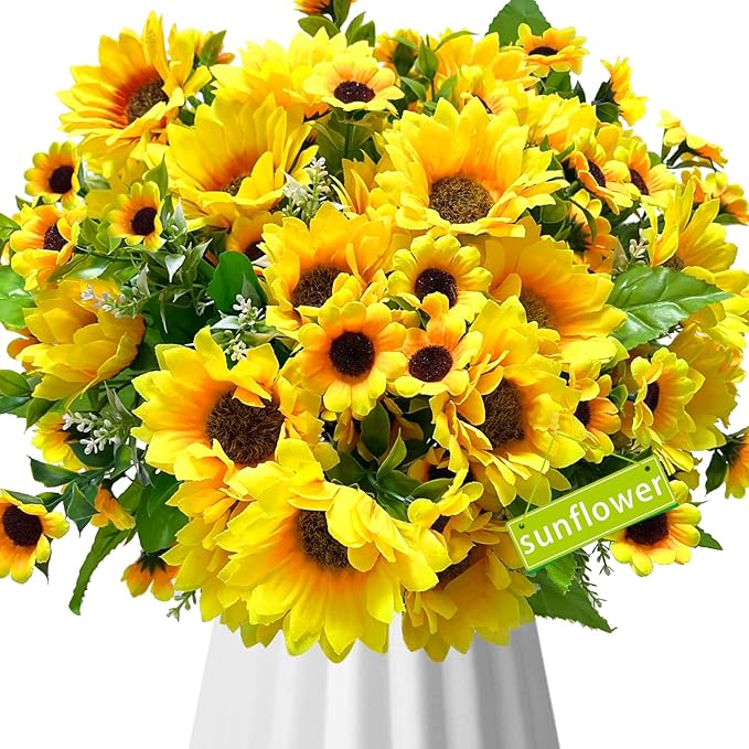 ZEYGLXC 8 Pack Artificial Sunflowers Bouquets with Stems for Wedding Bridal Shower Table Birthday Indoor Outdoor, Fake Faux Sunflowers Bulk with 4 Big Sunflowers Heads 9 Small Sunflowers Heads