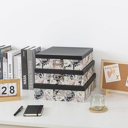 Soul & Lane Decorative Storage Boxes with Lids for Organizing, Set of 3 Floral Jumbo Scrapbook Letter Storage Boxes for Documents, Photos, Keepsakes, Memories, Garden Noir