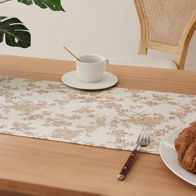 100% Cotton French Pastoral Table Runners, 13x36 Inch Brown Farmhouse Table Runners 36 Inches Long, Vintage Flowers Print Home Decors