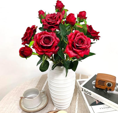 ATFL Fake Red Roses Flowers, 6 Pcs Faux Silk Real Touch Moisturizing Artificial Rose Flowers for Decoration DIY Wedding Party Home Office Decoration and Dining Table Centerpiece (6, red)