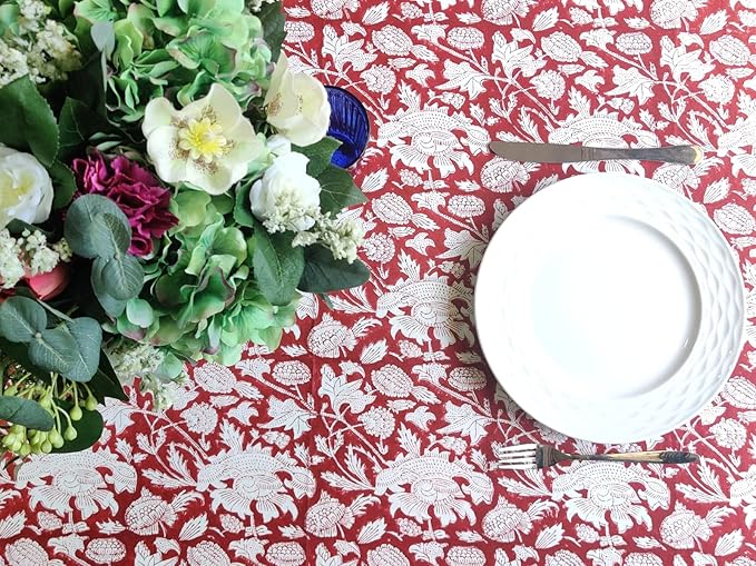 ATOSII Meraki Red 100% Cotton Tablecloth, Handblock Print Rectangle Table Cover for Kitchen Dining I Tabletop Linen I Thanksgiving, Christmas, Wedding, Fall Table Cloth 72 X 108 Inches I 8 Seater