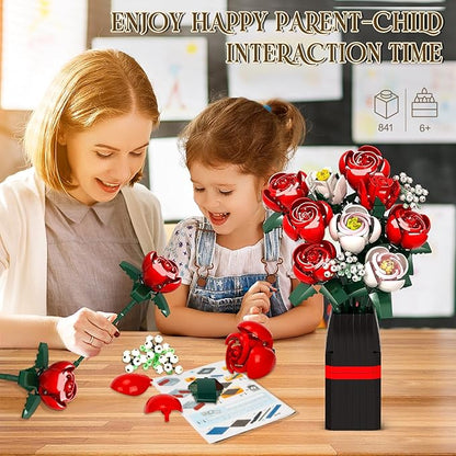 OKKIDY Roses Flowers Bouquet Building Set for Adults with Vase, Red Rose Artificial Flower Botanical Collection Plant Toy Kit, for Her Women Wife Mom, Home Decor(841PCS)