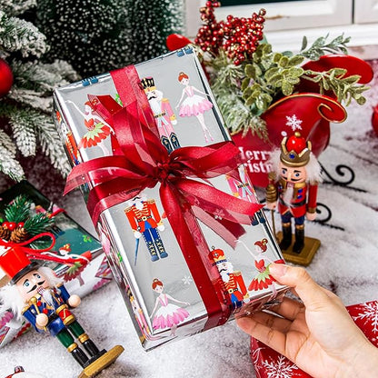 MAYPLUSS Christmas Nutcracker Wrapping Paper - 17 Inch X 33 Feet - Metallic Christmas Gift Wrapping Paper Featuring Holly Cute Ballet Girl Reversible Snowflakes for Holiday Party New Year Kids