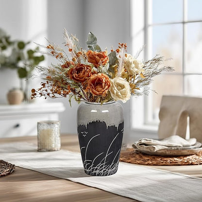 Black and Gray Vase, 8 Inch Grey Ceramic Vase with Crackle Finish, Minimalist Decorative Vases for Modern Home Decor, Office Desk, Living Room Table Centerpiece