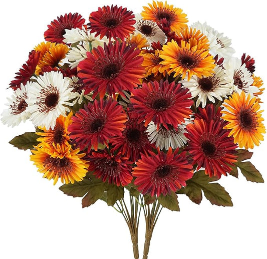 HUAESIN Artificial Fall Mum Flower for Outdoors 2 Bundles Autumn Cemetery Flowers Silk Daisy Bulk Plants for Home Porch Patio Farmhouse Thanksgiving Porch Garden Pots Planter Decor
