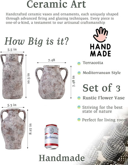 Ceramic Vase Set of 3, Handmade Rustic Farmhouse Vases with Handles, Glazed Interior, Aged Terracotta Finish, Boho Home Decor for Table, Shelf, Mantel, Flower Arrangement