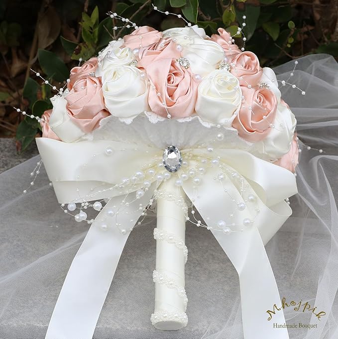 Bridal Wedding Bouquet Round Bling Brooch Bouquet Throw Toss Artificial Rose Flower Bunch for Bride Bridesmaid Wedding Quinceanera(Peach Pink & Ivory, 6.3")