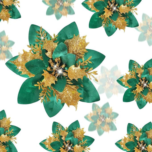 Geosar 24 Christmas Glitter Artificial Poinsettia Flowers Xmas Poinsettia Artificial Wedding Flowers Decorations Xmas Tree Ornaments with Clips for Party Favors, 6 Inch, 4 Inch, 3 Inch (Green, Gold)