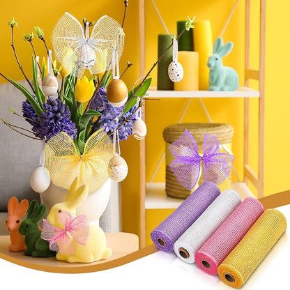 Chuangdi Easter 4 Rolls Poly Burlap Mesh Poly Burlap Deco Ribbon Mesh Roll for Spring Summer 4th of July DIY Flower Wreath Garland, 10 Inch(Pink, Yellow, Light Purple, White)