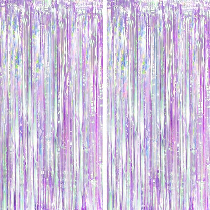 2 Pack Iridescent Purple Foil Fringe Curtains, Glittering Tinsel Streamers Party Decorations,Mermaid Fringe Backdrop for Gir's Birthday, Bachelorette, Baby Shower Theme Party