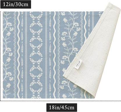 LilyCat Linen Fabric Blue Floral Placemats, Stripes Durable Boho Dining Table Mats for Kitchen, Rustic Vintage Washable Place Mats Set of 4, 18’’× 12’’