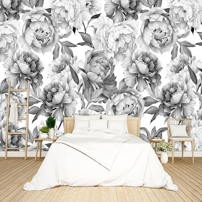 Grey Peony Floral Wallpaper Peel and Stick Wall Mural for Bedroom Living Room - 58"x86"