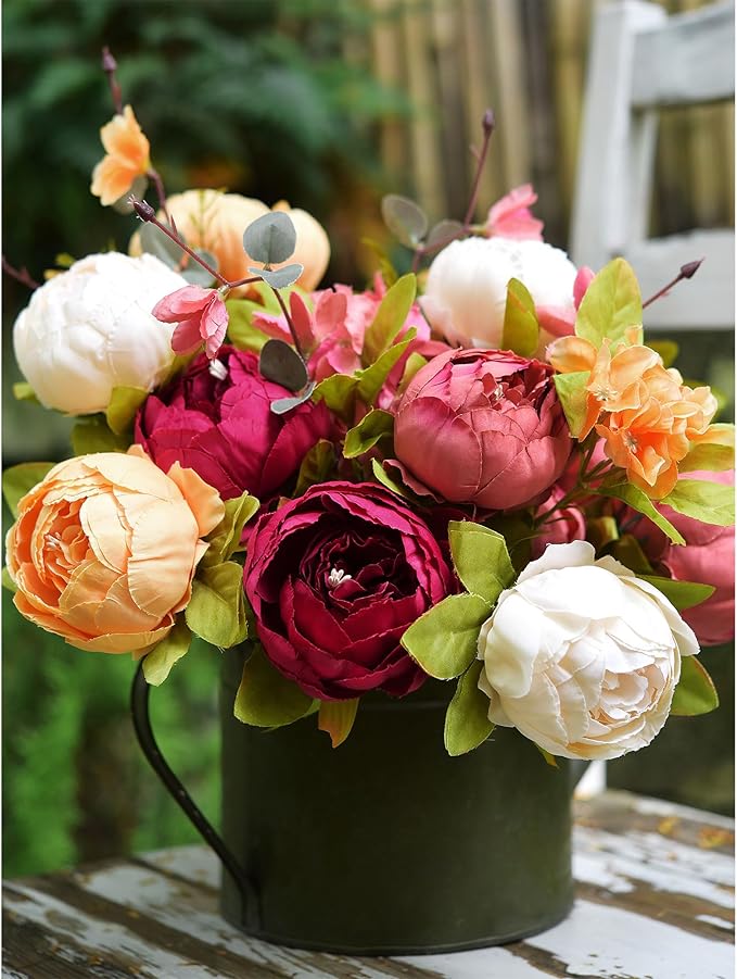 Barley White, Faded Orange & Pinkish Red Silk Peony and Hydrangea Bouquet with 2 Elegant Gold Taper Candle Holders – Luxurious Floral Arrangement for Weddings & Home Decor (Sunset Whisper)
