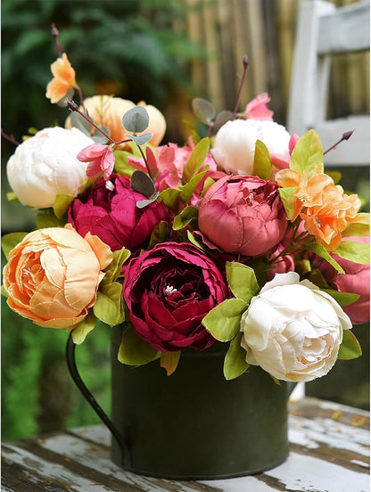 Barley White, Faded Orange & Pinkish Red Silk Peony and Hydrangea Bouquet with 2 Elegant Gold Taper Candle Holders – Luxurious Floral Arrangement for Weddings & Home Decor (Sunset Whisper)