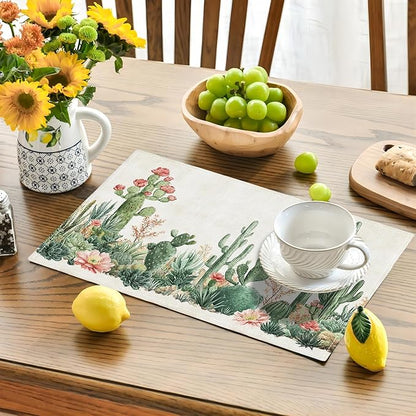 Cute Cactus Placemats Set of 6, Western Succulent Place Mats, Rustic Summer Plant Dining Table Mats, Washable Placemats for Kitchen Dining Room 18L'' × 12W''