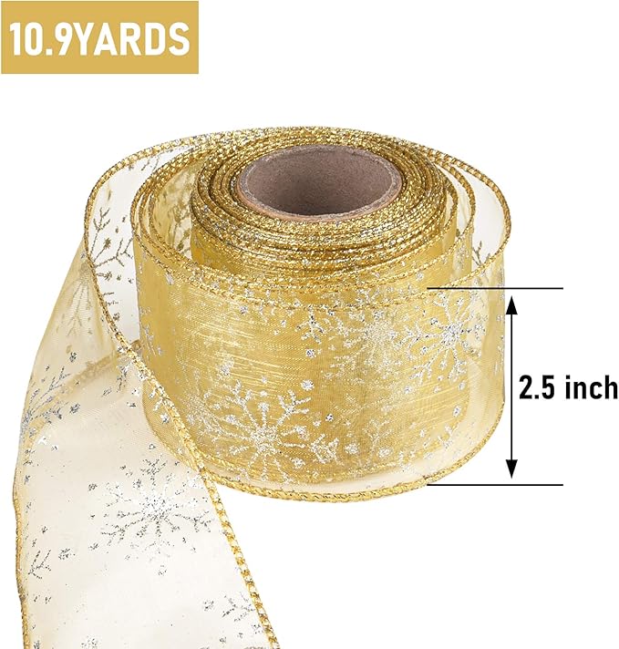 2.5 Inch Wide Christmas Wired Ribbon Snowflake Organza Sheer Glitter Ribbon for Xmas Tree, Wreath, Party Decoration, Gift Wrapping (Golden, 10.9 Yards)