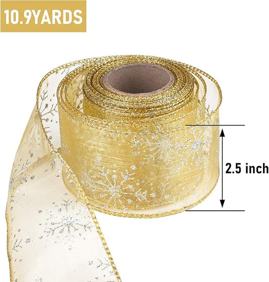 2.5 Inch Wide Christmas Wired Ribbon Snowflake Organza Sheer Glitter Ribbon for Xmas Tree, Wreath, Party Decoration, Gift Wrapping (Golden, 10.9 Yards)