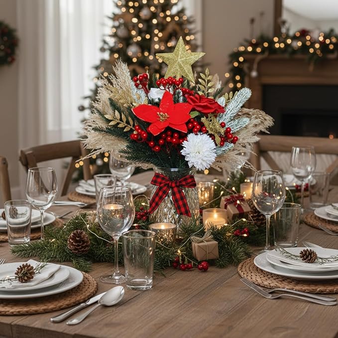 RyddeligHome Christmas Centerpieces for Tables, Holiday Table Decor, 100pcs Christmas Floral Arrangements in Vase, Pottery Xmas Decorations, Artificial Poinsettia Red Berry Pine Branches