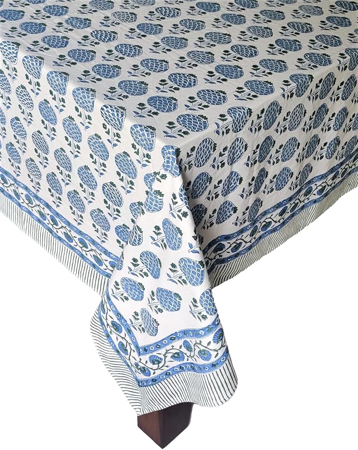 ATOSII Roma Blue 100% Cotton Rectangle Fall Tablecloth, Handblock Floral Print Linen Table Cloth for Kitchen Dining I Parties Outdoors Weddings Holidays I 72 X 140 Inches I 12 Seater
