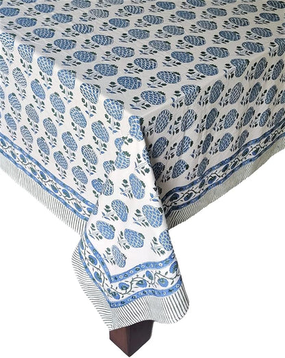 ATOSII Roma Blue 100% Cotton Boho Rectangle Fall Tablecloth, Handblock Floral Print Table Cloth Linen for Kitchen Dining I Parties Outdoors Weddings Holidays I Decor 72 X 108 Inches I 8 Seater
