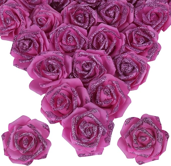 100pcs Glitter Roses - Hot Pink 2.56" Foam Flower Bundle - Artificial Roses for Wedding & Event Decor