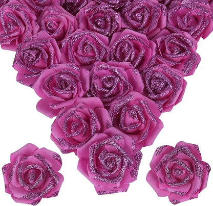 100pcs Glitter Roses - Hot Pink 2.56" Foam Flower Bundle - Artificial Roses for Wedding & Event Decor