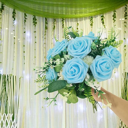 Artificial Rose Flowers 25pcs, Light Blue Foam Fake Rose Faux Flower for Wedding Bouquets Bridal Shower Centerpieces Floral Arrangements Home Decorations Party Backdrops Table