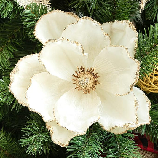 KI Store Christmas Tree Poinsettia Flower Cream White Velvet Magnolia Artificial Floral Ornaments Pack of 6 for Christmas Tree Decoration Wedding Centerpiece
