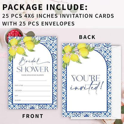 Mediterranean Lemon Bridal Shower Invitations, Set of 25 Lemon Italian Blue Tiles Bridal Shower Invites with Envelopes for Engagement Wedding Party-A11