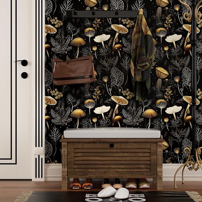 Boho Wallpaper Peel and Stick Dark Floral Contact Paper 17.5" x 197" Vinyl Self Adhesive Vintage Mushrooms Wall Mural Leaf Wall Paper for Room Countertop Drawer Decor(Golden,Black)