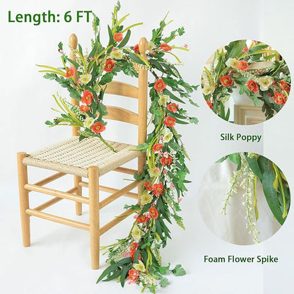 Mizii Red Artificial Flower Garland 6FT Fake Poppy Floral Garland Hanging Vines Spring Summer Flowers Decorations for Mantle Table Centerpieces Room Wall Fireplace Wedding Decor (Red)
