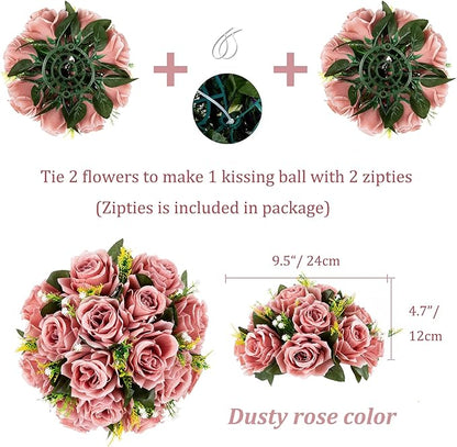 BLOSMON Dusty Pink Flowers Decoration: 6 Pcs Artificial Roses Flowers Balls for Wedding Dinning Table Centerpieces - Fake Silk Kissing Floral Arrangement for Home Party Event